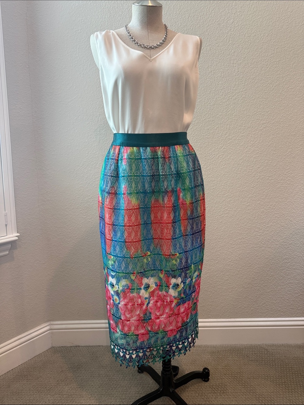 Gracia Teal Multicolor Floral Lace-Trim Pencil Skirt